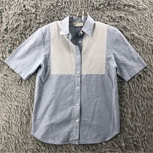 Jonathan Logan Shirt Linen Blend Large Made USA Striped Blue Button Up Vintage